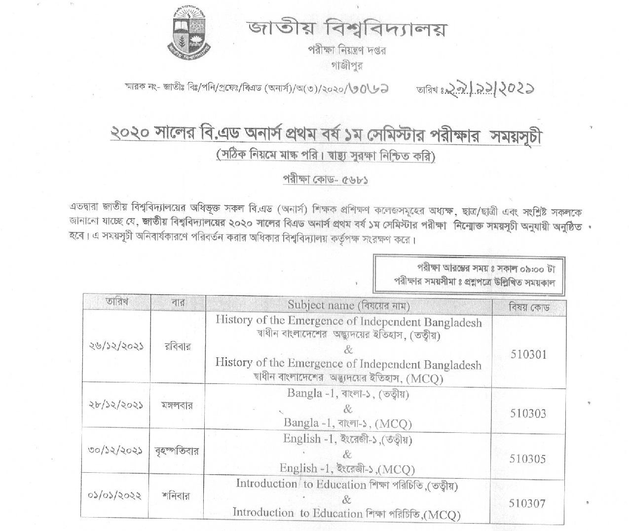 B.Ed 1st Year 1st Semester Exam Routin