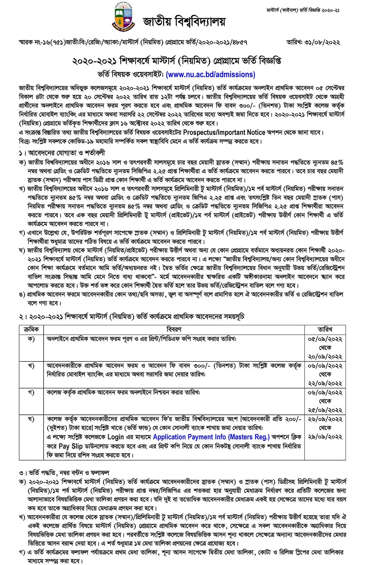 NU Masters Program (Regular) Admission Circular 2022