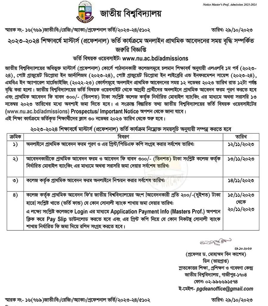 NU Masters (Professional) Admission 2023 (Release Slip Online Application )