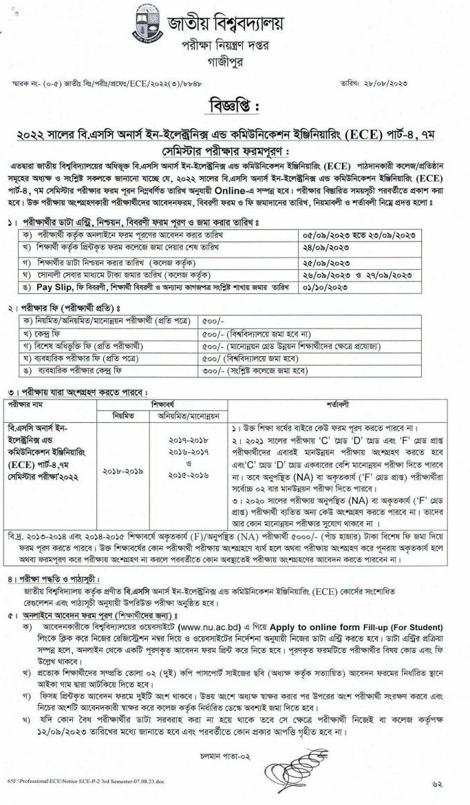 ECE Part 4, 7th Semester Form Fill Up Notice 2023