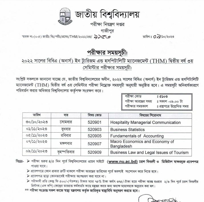 THM 2nd Year, 3rd Semester Exam Routine 2023