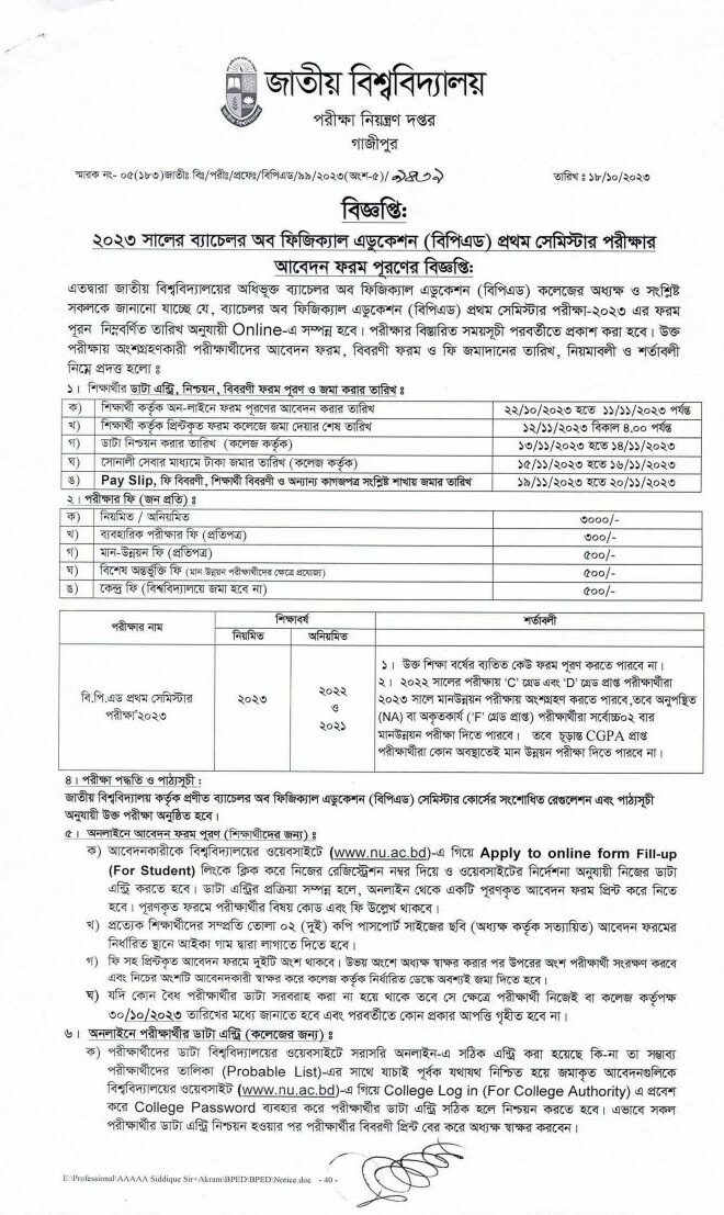 B.P.Ed Exam Form Fill-Up Notice 2023