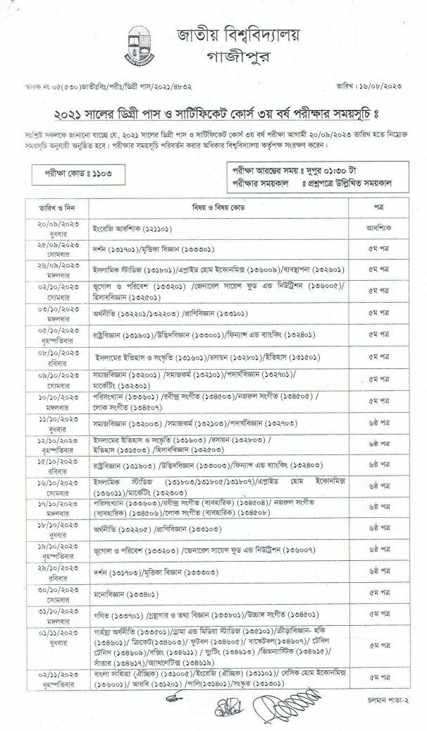 NU 2021 Degree 3rd Year Exam Routine 2023