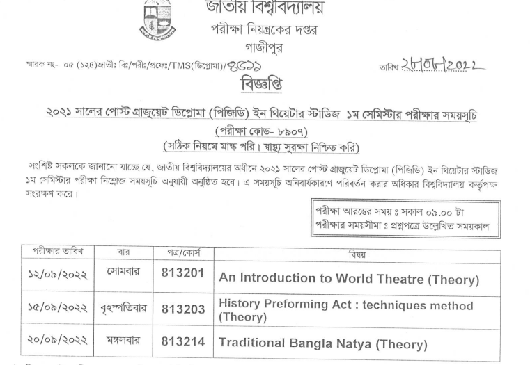 PGD In Theater Studies Exam Routine 1st Semester 2021