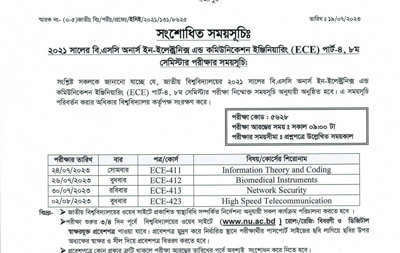 ECE Exam Routine Part-4, 8th Semester 