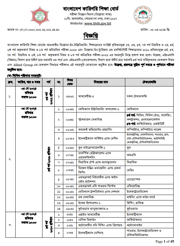 Diploma in Engineering Exam Routine 2024