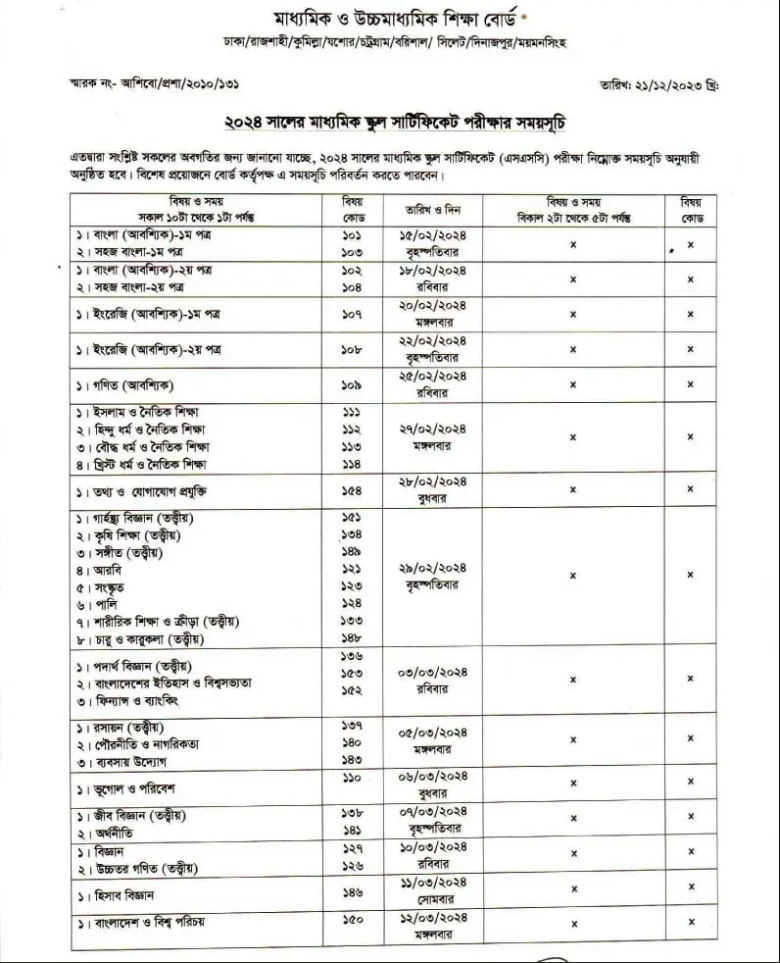 SSC Exam Routine 2024