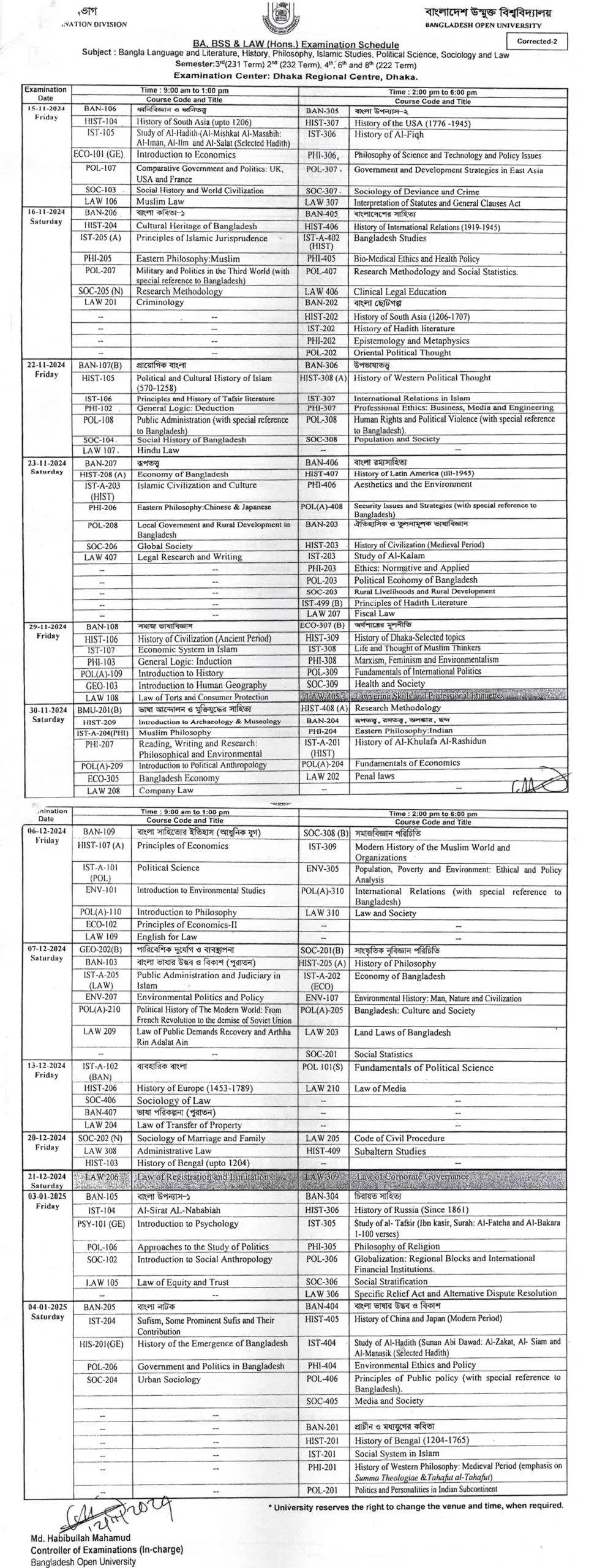 BOU BA BSS Exam Routine 2024