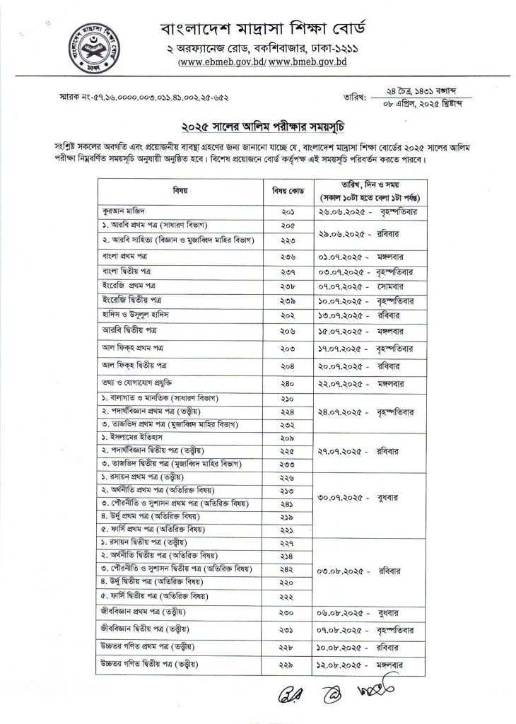 Alim Exam Routine 2025