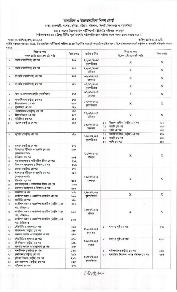 HSC Exam Routine 2025 Information